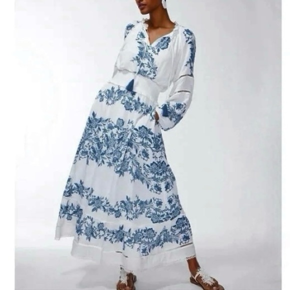 Chico's Dresses & Skirts - Chico’s Blue White Bohemian Balloon Sleeve Maxi Dress Pockets size 10